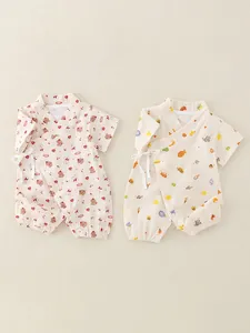 Two-pack ultra-thin cotton baby rompers in kimono style with hand-drawn bear patterns