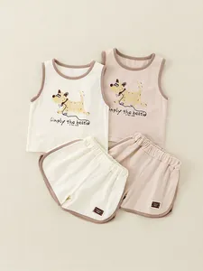 Ensemble d'été en coton pour bébé avec gilet et short, imprimé chiot en beige et abricot