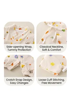 Ultra-thin cotton baby romper with colorful sun and cat prints showing four detail views