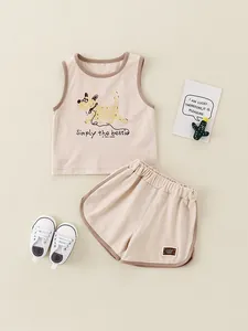 Ensemble d'été en coton pour bébé avec gilet et short, imprimé chien mignon beige et brun