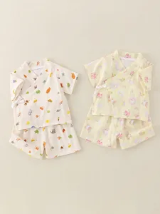Haut Et Pantalon de Pyjama pour Bébé en Gaze de Coton Style Kimono Lien Latéral Manches Courtes Dessin Animé Doux Respirant