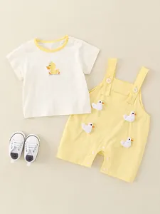 Ensemble T-Shirt en Coton Canard d'Été Et Pantalon à Bretelles pour Bébé Tenues à Manches Courtes pour Nourrissons Et Tout-Petits