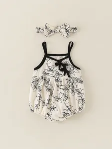 Barboteuse à Bretelles Été Style Chinois Imprimé Floral Pour Bébé Fille Avec Bandeau Et Chaussures Souples Coton