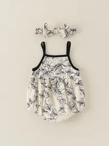 Ensemble body bébé à fleurs et bandeau avec bouton de style chinois, sans manches