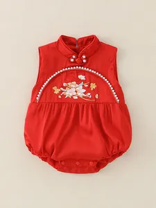 New Chinese Style Baby Girl Romper Satin Embroidery Artificial Pearl Cheongsam Sleeveless Jumpsuit For Summer Birthday Celebration Red