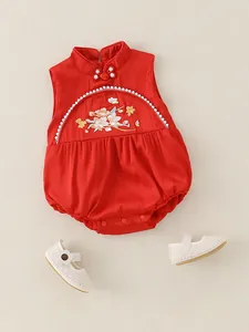 Newborn girls red silk rompers with Chinese embroidery and matching soft baby shoes