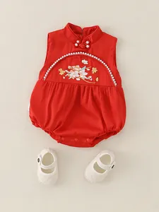 New Chinese-style baby red romper with floral embroidery and pearl details
