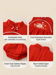 New Chinese-style baby girl red sleeveless romper with floral embroidery and pearl trim