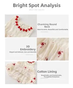 Détail de robe en coton pour fille avec nœud, broderie florale 3D et doublure intérieure