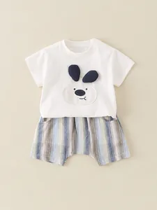 Vêtements D'Été Pour Bébés Et Enfants Haut Blanc En Coton À Manches Courtes Avec Motif Chien 3D Et Short Rayé Décontracté