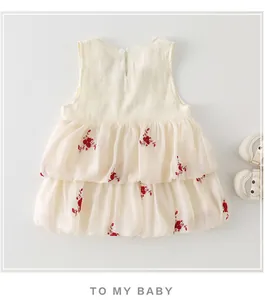 Détail de robe bébé montrant broderie florale et tulle à plusieurs couches avec bouton