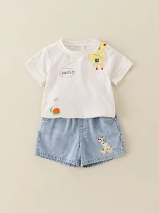 Toddler Summer Cartoon Giraffe T-Shirt And Denim Shorts T-Shirt And Shorts Korean Style Cotton Blend Baby Casual Outfit