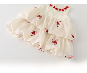 Détail d'une robe de bébé à volants avec broderies de fleurs rouges et un nœud