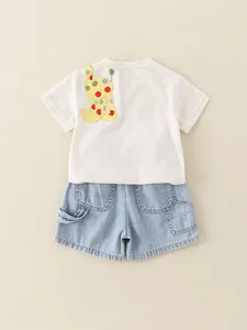 Kids summer outfit with cream giraffe embroidery T-shirt and blue denim shorts