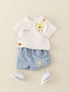 Summer baby cartoon deer outfit set with cream t-shirt and blue denim shorts