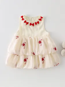 Robe d'Été sans Manches pour Bébé Fille 100% Coton Beige Jupe à Étages Avec Nœuds Rouges Et Broderie Florale Robe Princesse Douce