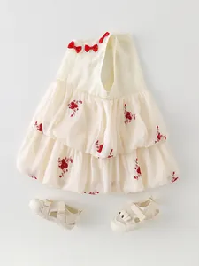 Robe d'été sans manches en coton pour bébé fille avec broderie florale et nœuds