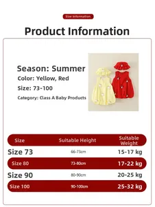 Size chart for baby sleeveless cotton bodysuit and sun hat with yellow duck pattern