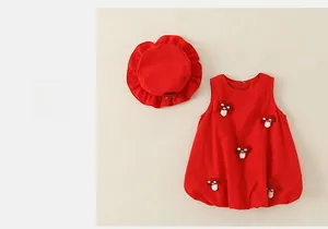 Red cotton baby girl dress and matching sun hat with cute 3D mushroom applique details