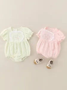 Pagliaccetto Estivo per Neonata in Misto Cotone con Maniche a Sbuffo e Bordo in Pizzo Ricamo a Nuvola per Uso Quotidiano Casual