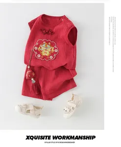 Detail of red cotton baby suit with traditional Chinese dragon embroidery and frog buttons