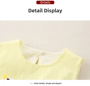 Detail of round neckline and back button on breathable cotton baby sleeveless dress