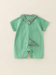 Cute mint green short sleeve baby romper with 3D dinosaur tail design for boys