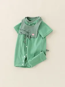 Green baby romper with cute 3D cartoon crocodile patch and short sleeves for summer
