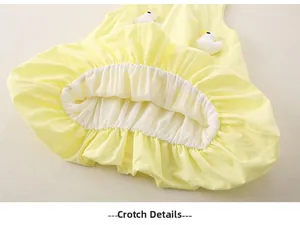 Detailed view of yellow baby romper crotch with ruffle trim and 3D duck decoration