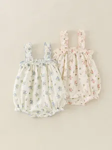 Infant Baby Girls Summer Floral Romper Sleeveless Ruffle Cotton Blend Bodysuit Sweet Pastoral Jumpsuit Snap Button Sunsuit