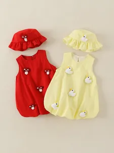 Baby Girls Summer Sleeveless Romper Dress With Matching Sun Hat Pure Cotton 3D Duck Mushroom Applique Infant Toddler Set