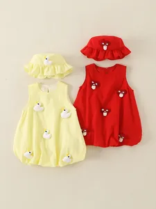 Cute sleeveless baby cotton bodysuit with duck and mushroom appliques and matching hats