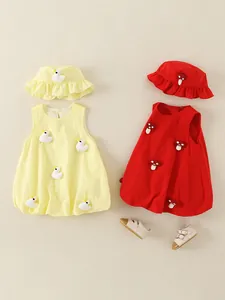 Infant cotton sleeveless dress set with matching sun hat and cute 3D animal appliques