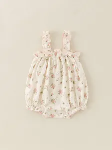 Floral baby girl bodysuit with ruffle shoulder straps and snap closure for summer