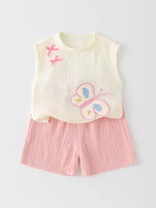 Peuter Baby Meisjes Zomer Katoen Muslin Mouwloze Top en Shorts Set Schattige Vlinder Avocado Borduurwerk Casual Kinderkleding