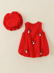Infant girl cotton sleeveless red mushroom dress set with matching sun hat