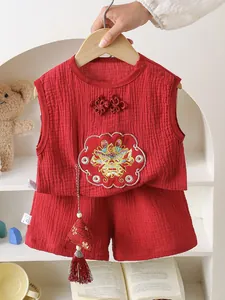 Baby boy summer traditional Chinese red cotton set with dragon embroidery and tassels