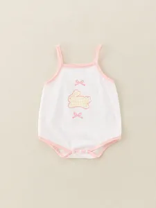 Pagliaccetto per neonati in cotone bianco con motivo a coniglio e bordi rosa
