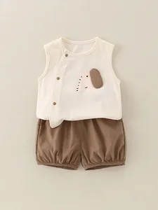 Baby Boy Summer Cotton Clothing Set Cartoon Elephant Bear Dog Pattern Sleeveless Vest Short Sleeve Top And Shorts Infant Toddler Casual Outfit