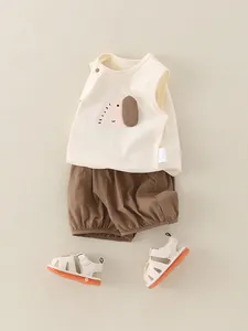 Baby boy summer cotton outfit set with elephant vest, brown shorts and matching sandals