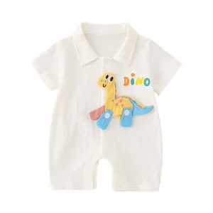 Cute white cotton baby short sleeve romper with colorful cartoon dinosaur embroidery