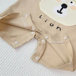 Short sleeve khaki cotton baby romper with cute lion print and snap buttons on the crotch