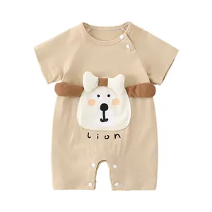 Short sleeve cotton baby romper with cute 3D lion character and bowtie in beige
