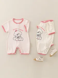 Summer Baby Ribbed Cotton Romper Short Sleeve Cartoon Puppy Print Infant Bodysuit Soft Breathable Newborn Jumpsuit Pink Beige