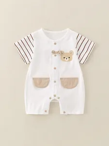 Mameluco de Verano de Algodón de Manga Corta para Bebé con Rayas de Retazos de Oso de Dibujos Animados Mono Unisex Casual