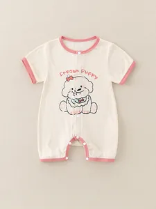 Short sleeve ribbed cotton baby romper with Creamy Puppy print and pink trim details