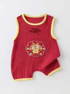 Barboteuse bébé en coton rouge sans manches avec broderie dragon chinois et boutons chinois