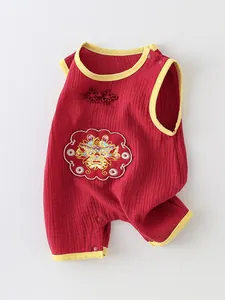 Barboteuse bébé en coton rouge de style chinois avec broderie dragon pour l'été