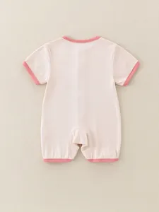 Short sleeve baby pink cotton romper with ribbed texture and dark pink trim details