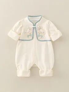 Classic Chinese style baby cotton romper with floral embroidery and button knots